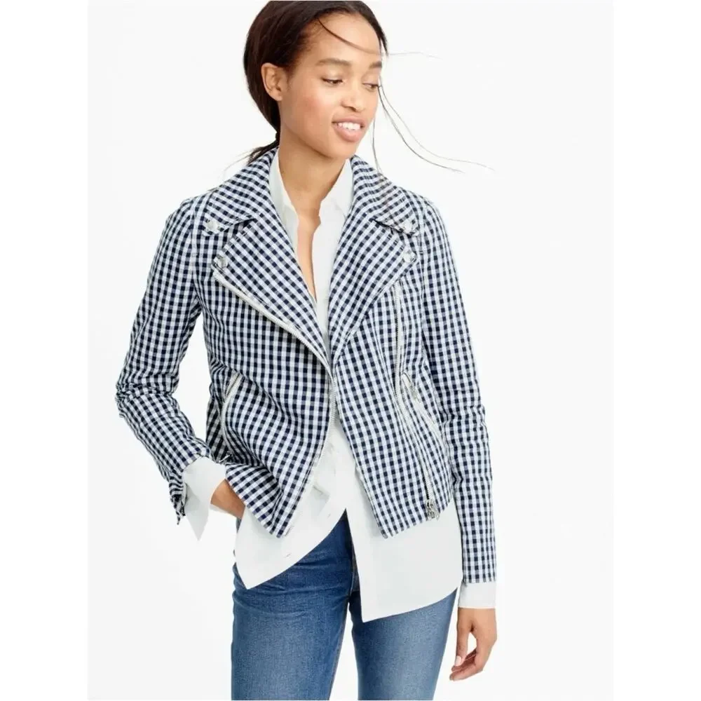 J.Crew Gingham Moto Jacket Size 6 NWT Navy White Check Biker Jacket